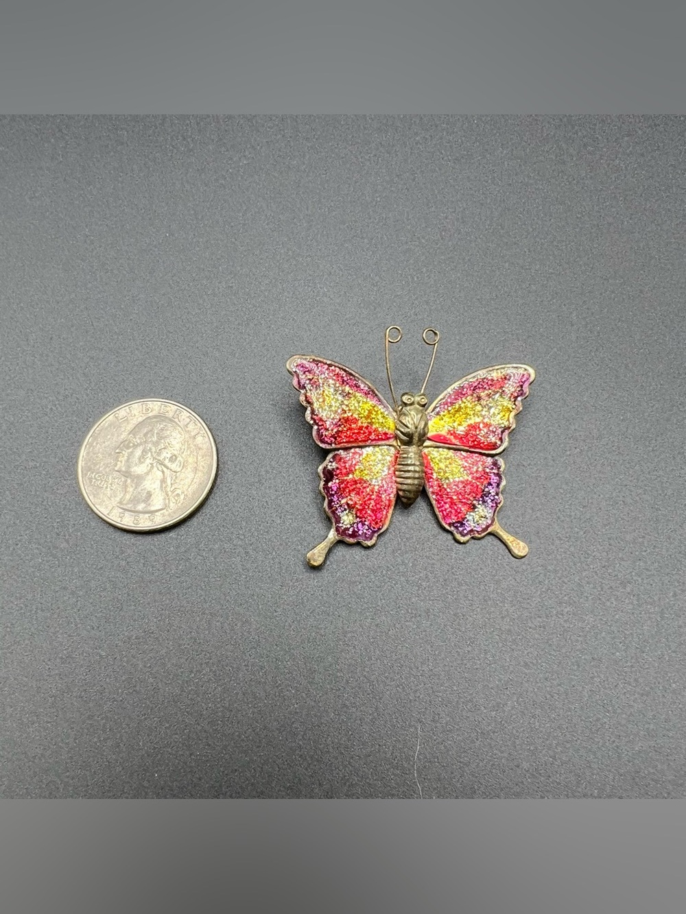 Vintage Butterfly Brooch Colorful Glitter Enamel Lucite & Gold-Tone 1.75"x1.25"